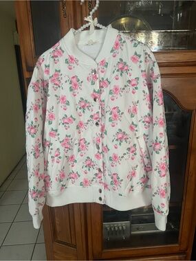 Women’s Floral Bomber Jacket - White with Pink Roses